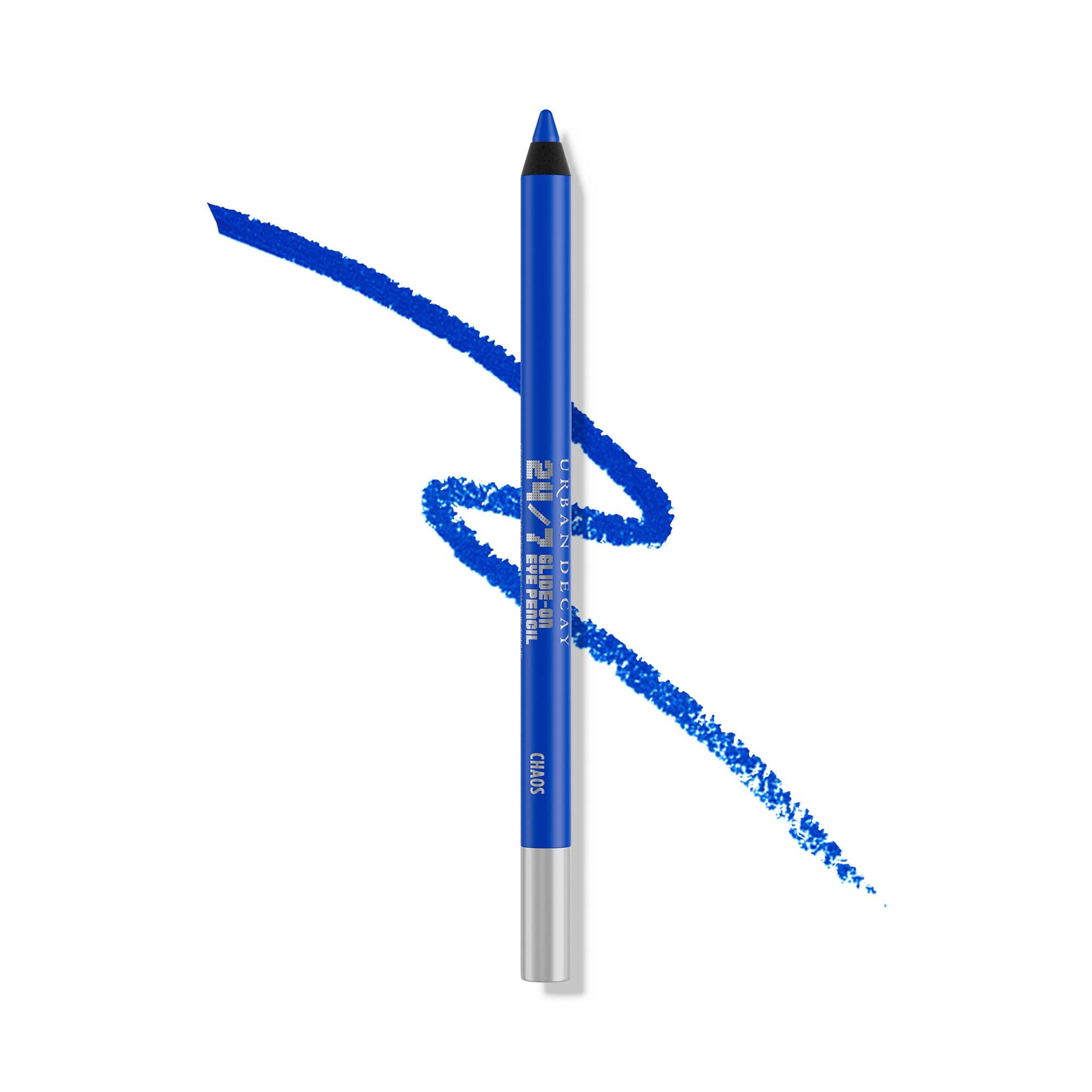 URBAN DECAY 24/7 Glide-On Chaos pencil closeup shows cobalt blue matte with floating pearl for bold definition.