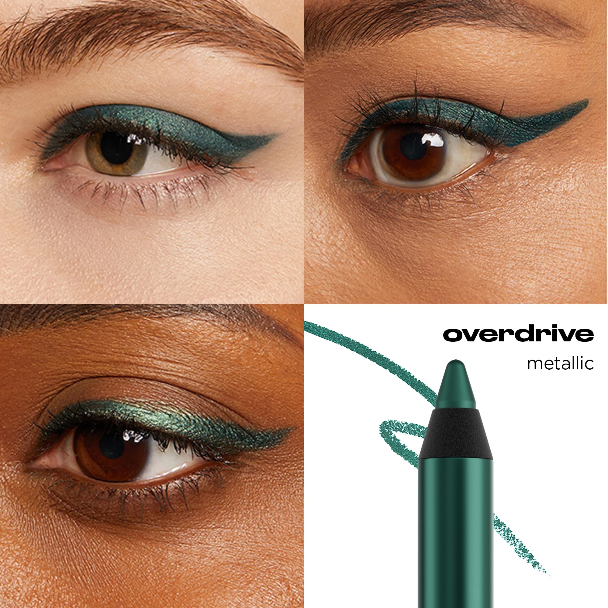 Urban Decay Overdrive swatch on skin highlighting bold, long-wearing metallic finish.