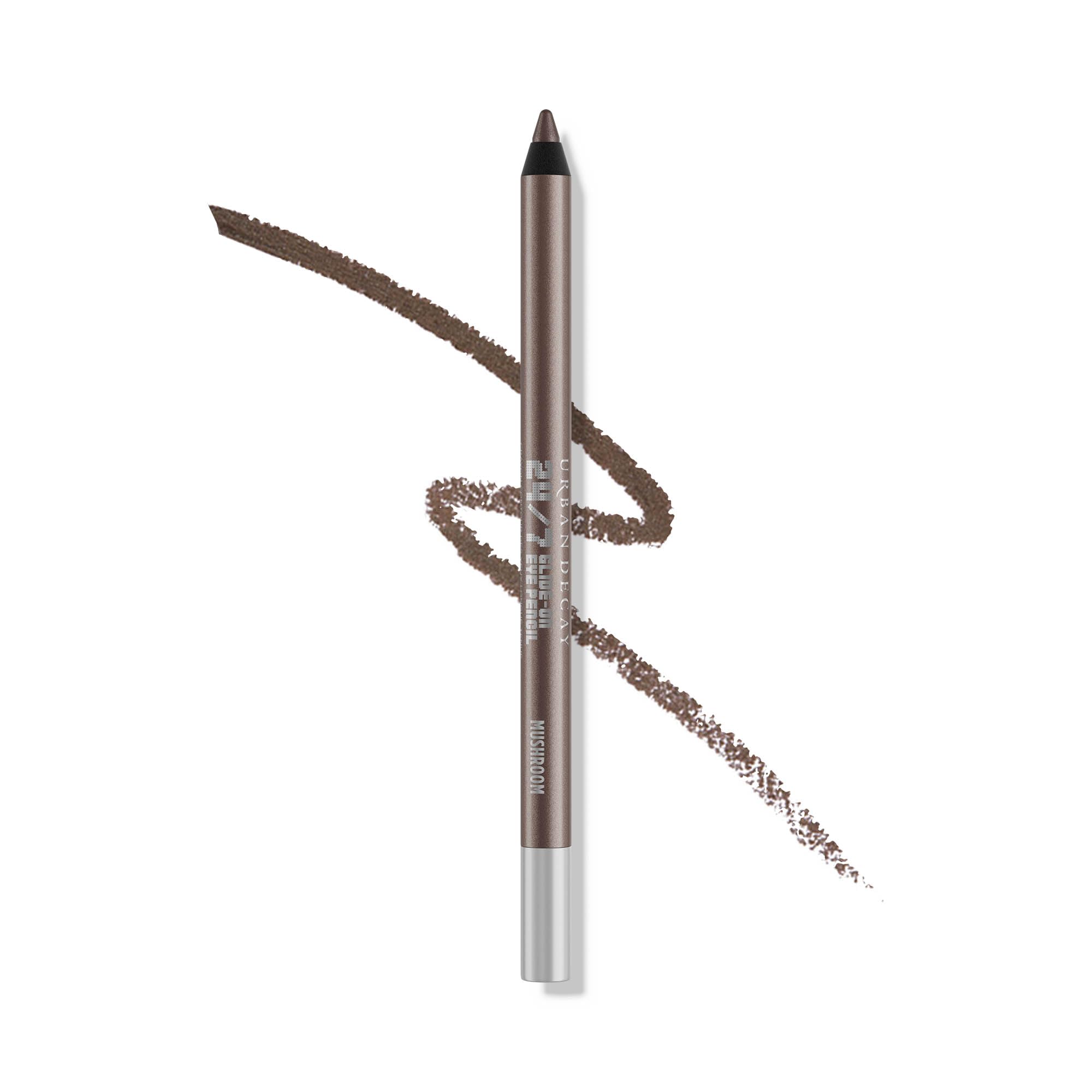 URBAN DECAY 24/7 Glide-On Eyeliner Pencil Mushroom close-up shows metallic taupe shimmer for everyday definition.