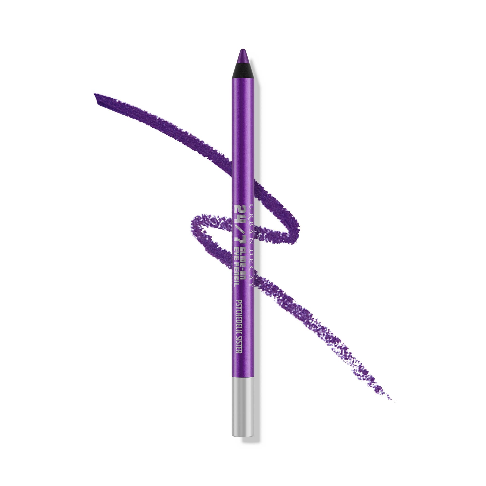 Urban Decay 24/7 Psychedelic Sister swatch shows vibrant purple shimmer for bold looks