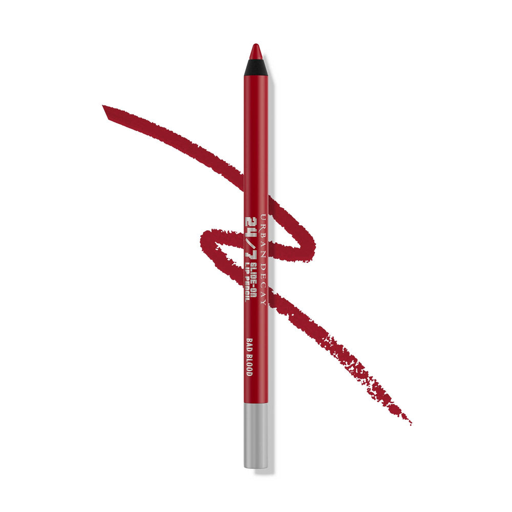 Urban Decay 24/7 Glide-On Lip Pencil Bad Blood packaging close-up for priming and precision