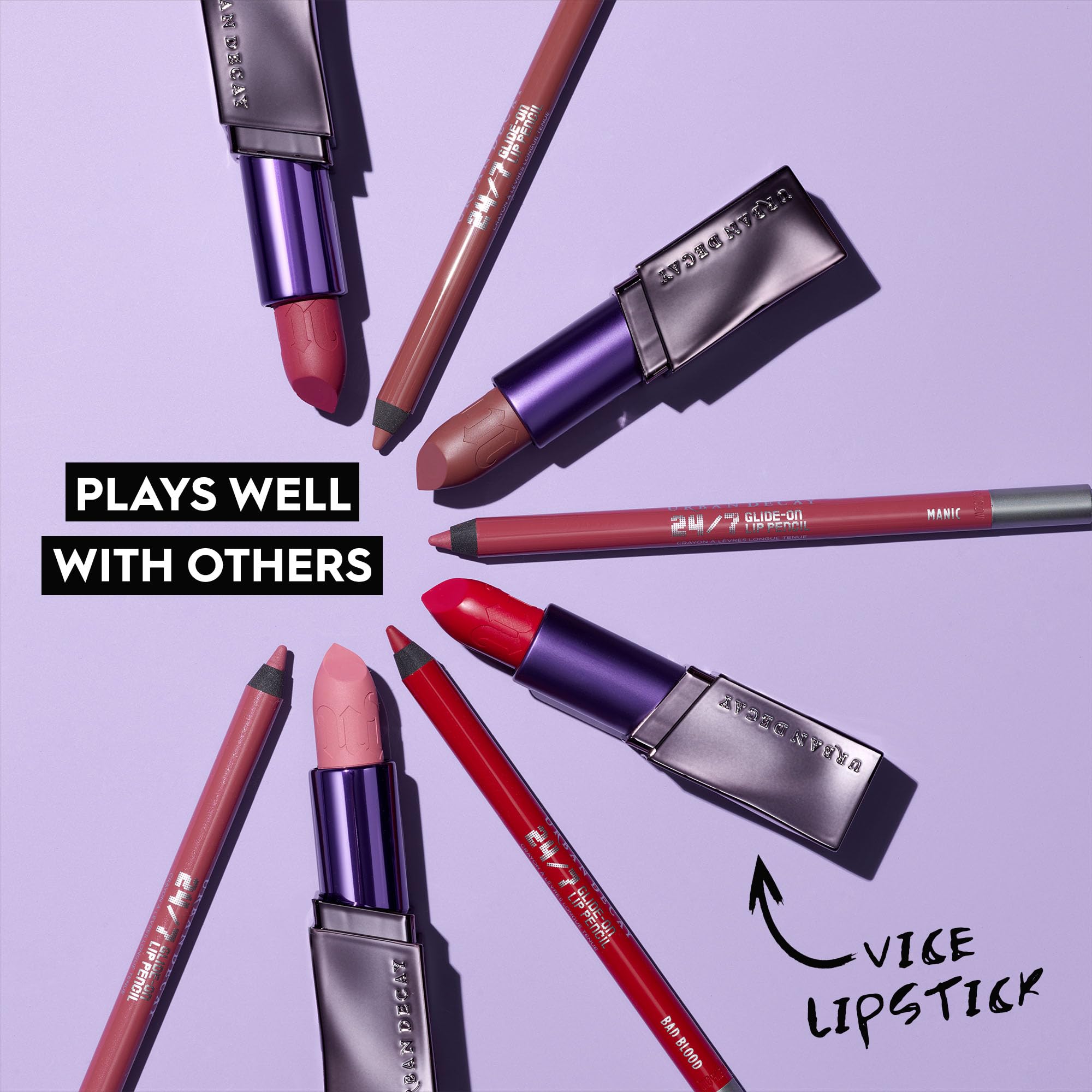 Urban Decay Bad Blood lip liner worn with lipstick for enhanced color hold