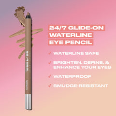 Urban Decay 24/7 Waterline Eyeliner Cool Coyote swatch reveals precise charcoal-gray payoff.