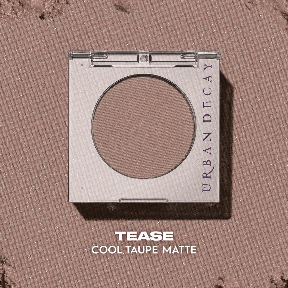 Urban Decay Tease matte finish swatch emphasizes cool taupe shade versatility