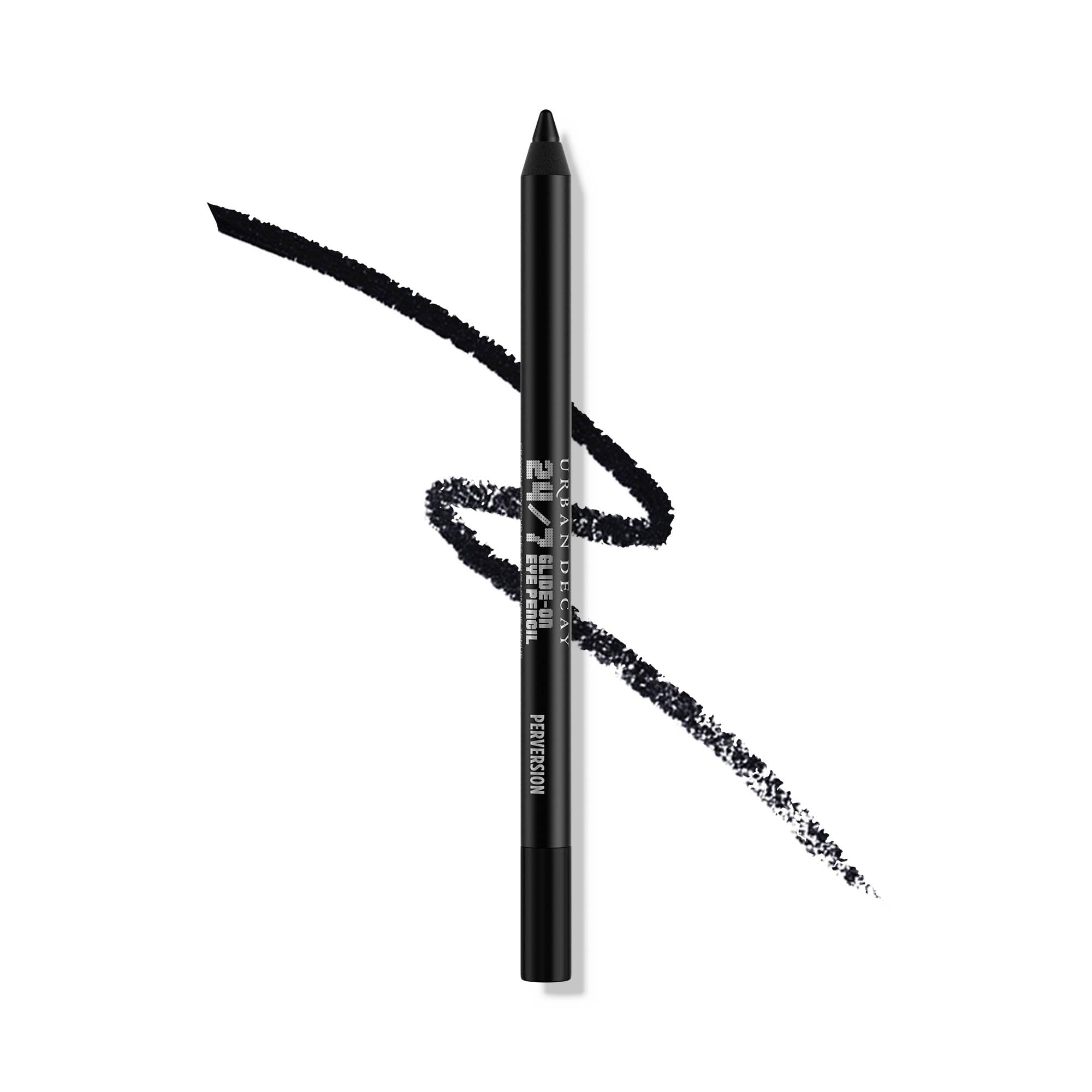 Urban Decay 24/7 Glide-On Eyeliner in Perversion matte black swatches deliver bold, long-wearing color.