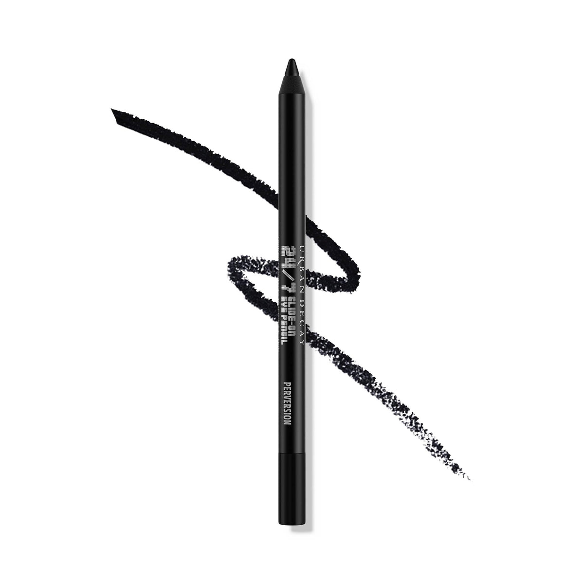 Urban Decay 24/7 Glide-On Eyeliner in Perversion matte black swatches deliver bold, long-wearing color.