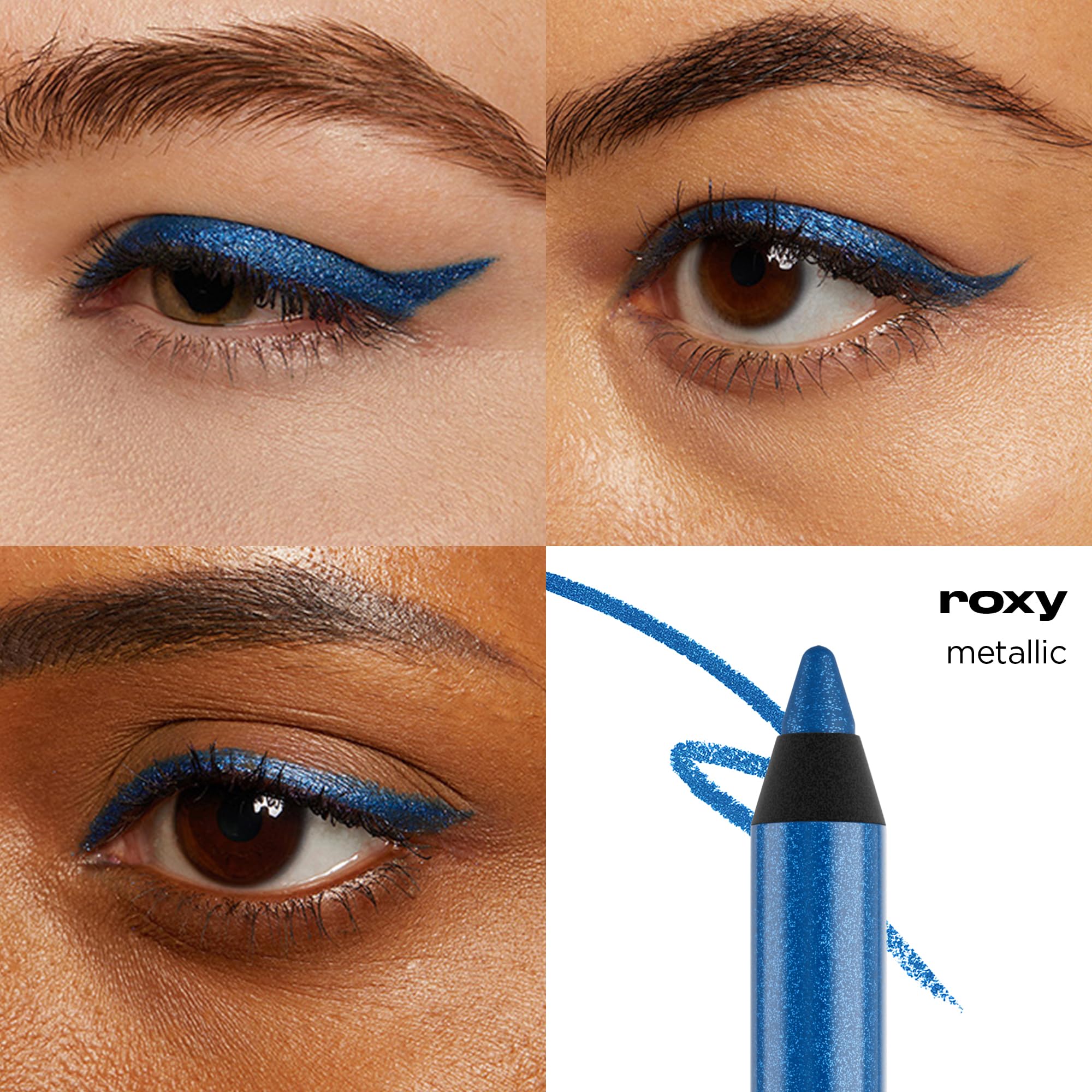 Urban Decay 24/7 Glide-On Roxy metallic blue swatch shows vibrant color
