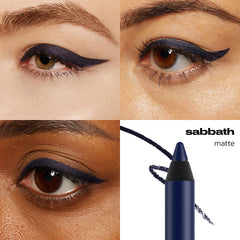 Urban Decay Sabbath swatches on arm show rich navy pigment and long-wear potential.