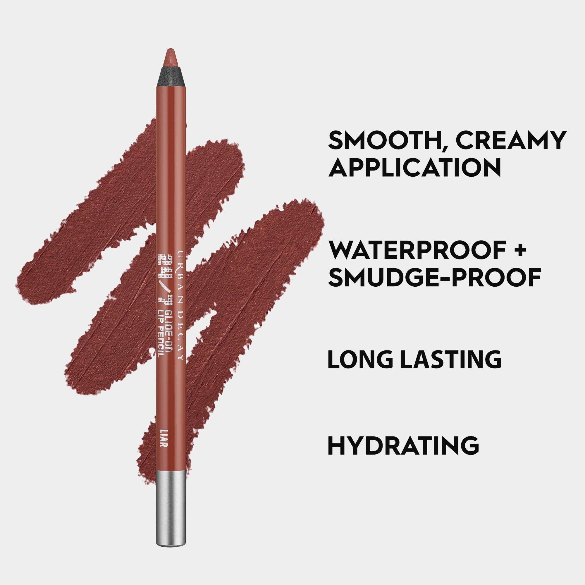 Urban Decay 24/7 Glide-On Lip Pencil Liar Mauve Nude close-up texture highlights creamy formula.