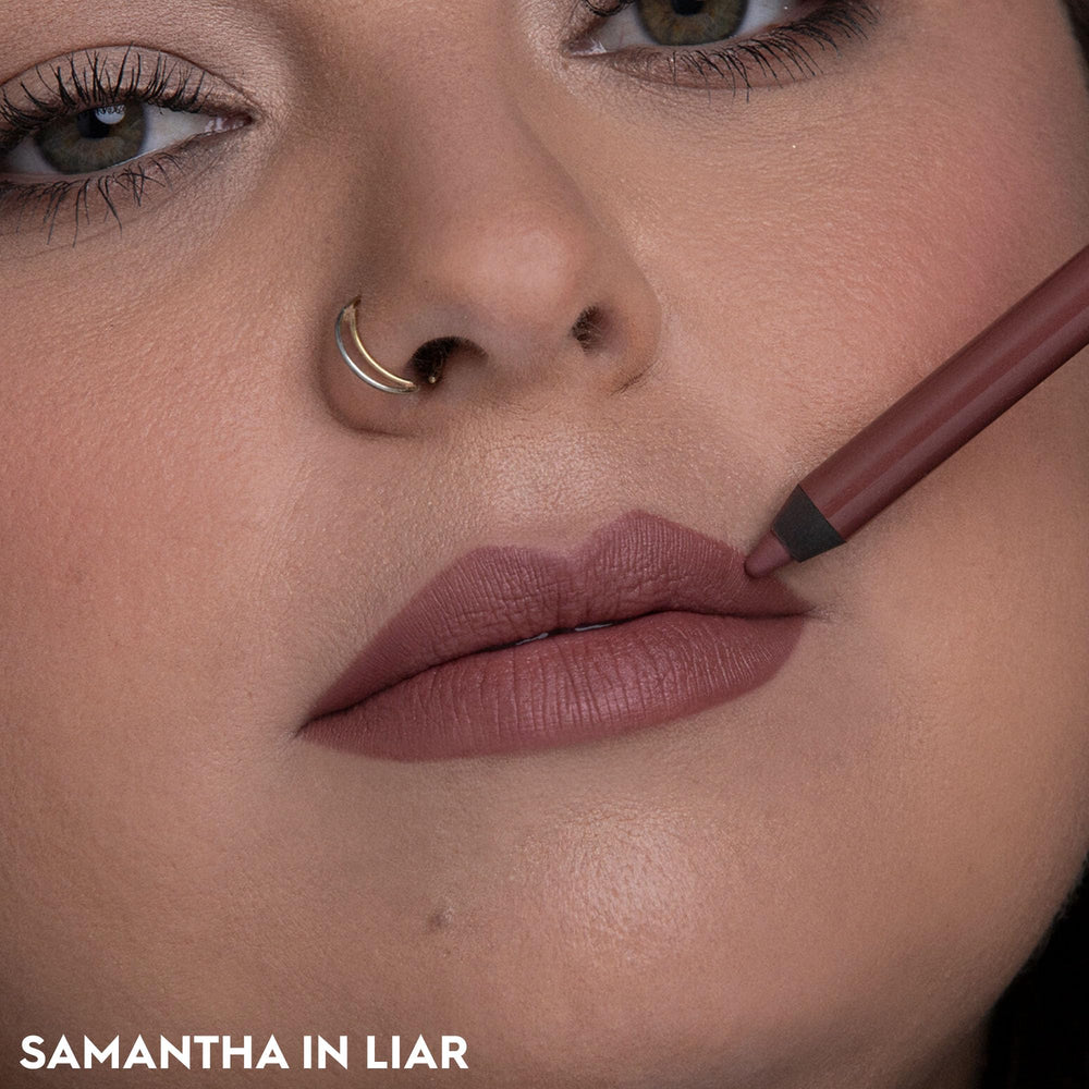 Urban Decay 24/7 Glide-On Lip Pencil Liar Mauve Nude packaging demonstrates portable lip definition.