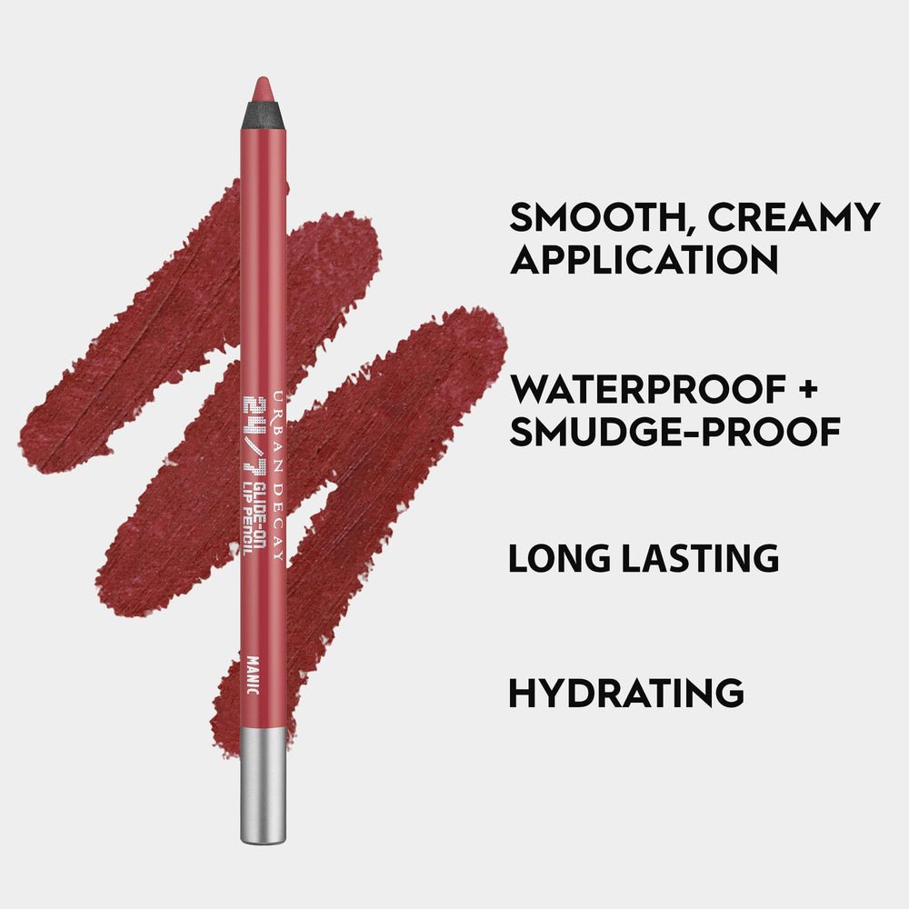URBAN DECAY 24/7 Lip Pencil Manic Rosy Wine swatches demonstrating color and wear