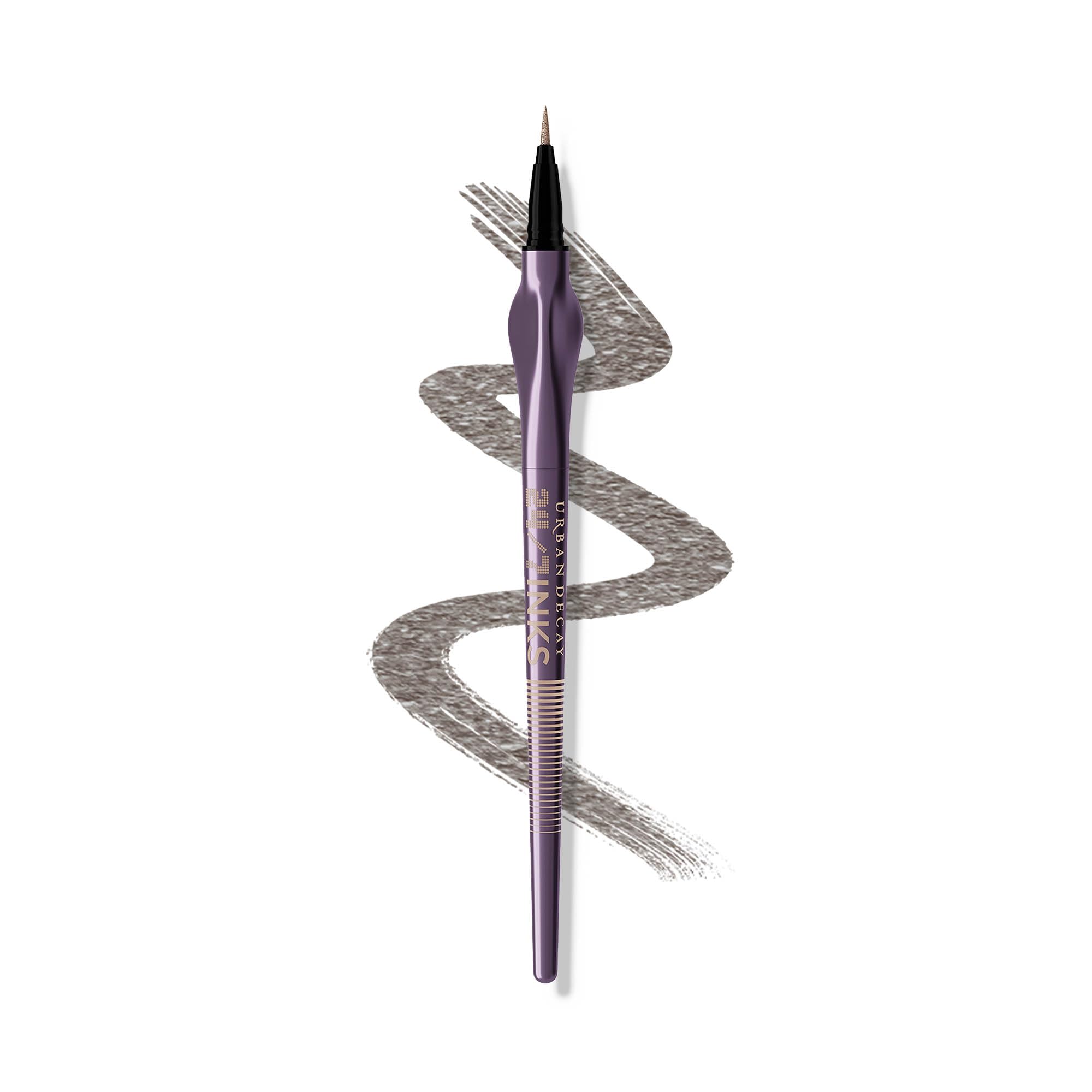 Urban Decay 24/7 Inks Oil Slick bottle swirl highlights gunmetal shimmer for a bold eye look.