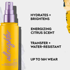 Urban Decay All Nighter citrus scent spray demonstrates refreshing aroma during makeup set.