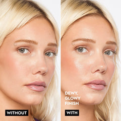 Urban Decay All Nighter Extra Glow application swatch showing sheer, glow-enhancing primer.
