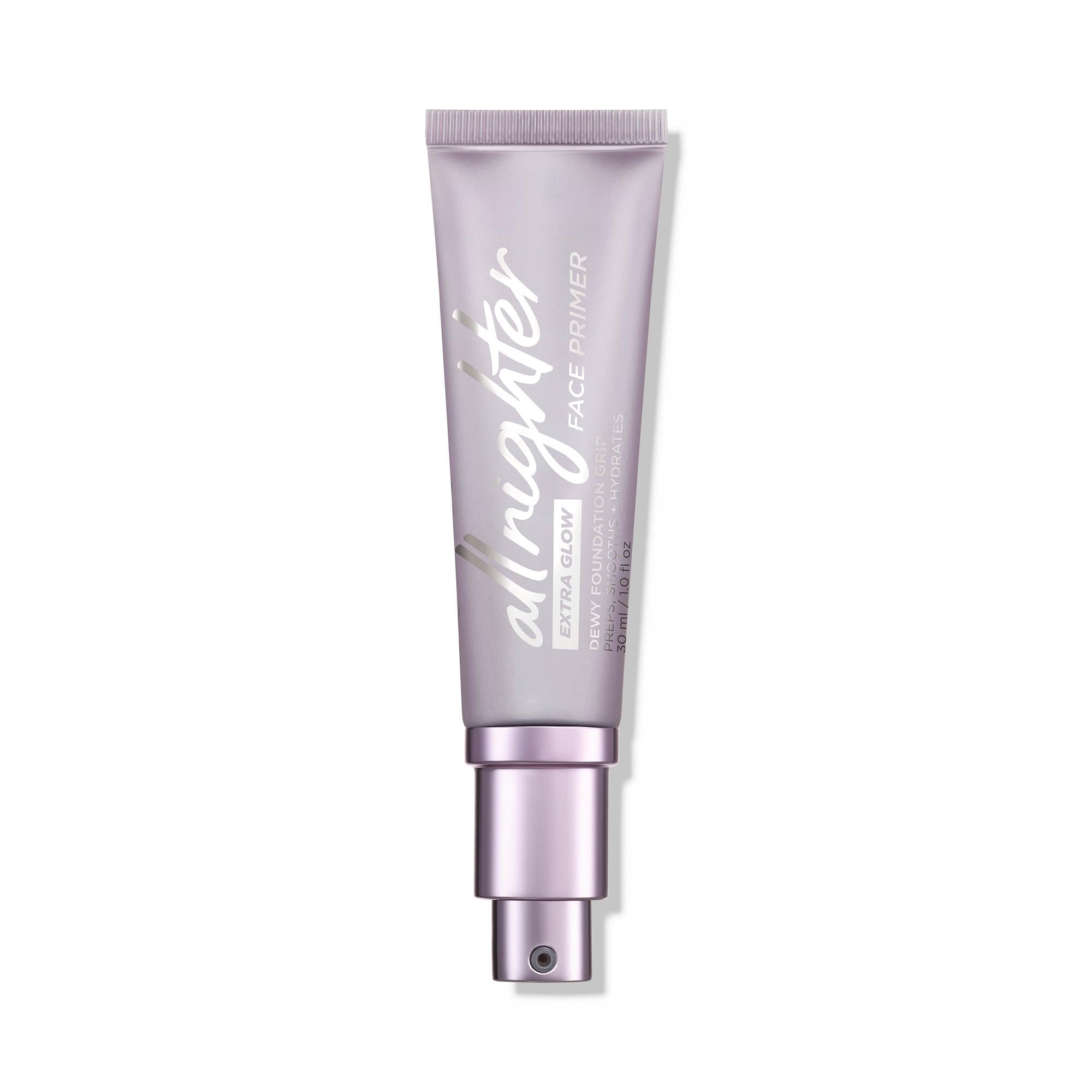 Urban Decay All Nighter Extra Glow bottle closeup highlighting vegan, hydrating primer for dewy skin.