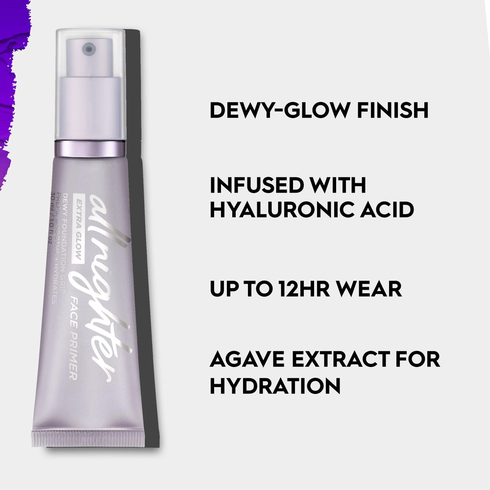Urban Decay All Nighter Extra Glow dewy finish on skin for hydrated look.