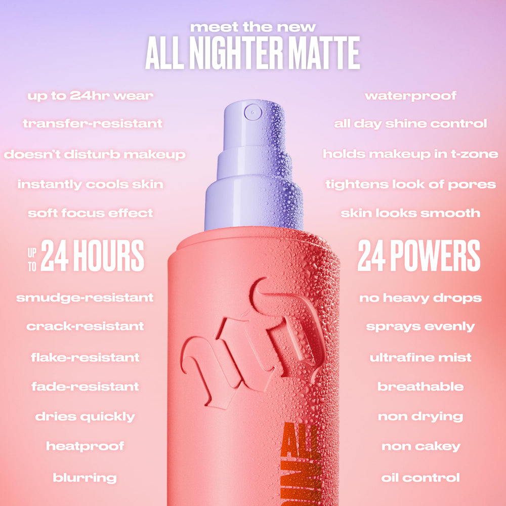 Urban Decay All Nighter bottle placed beside makeup kit for display