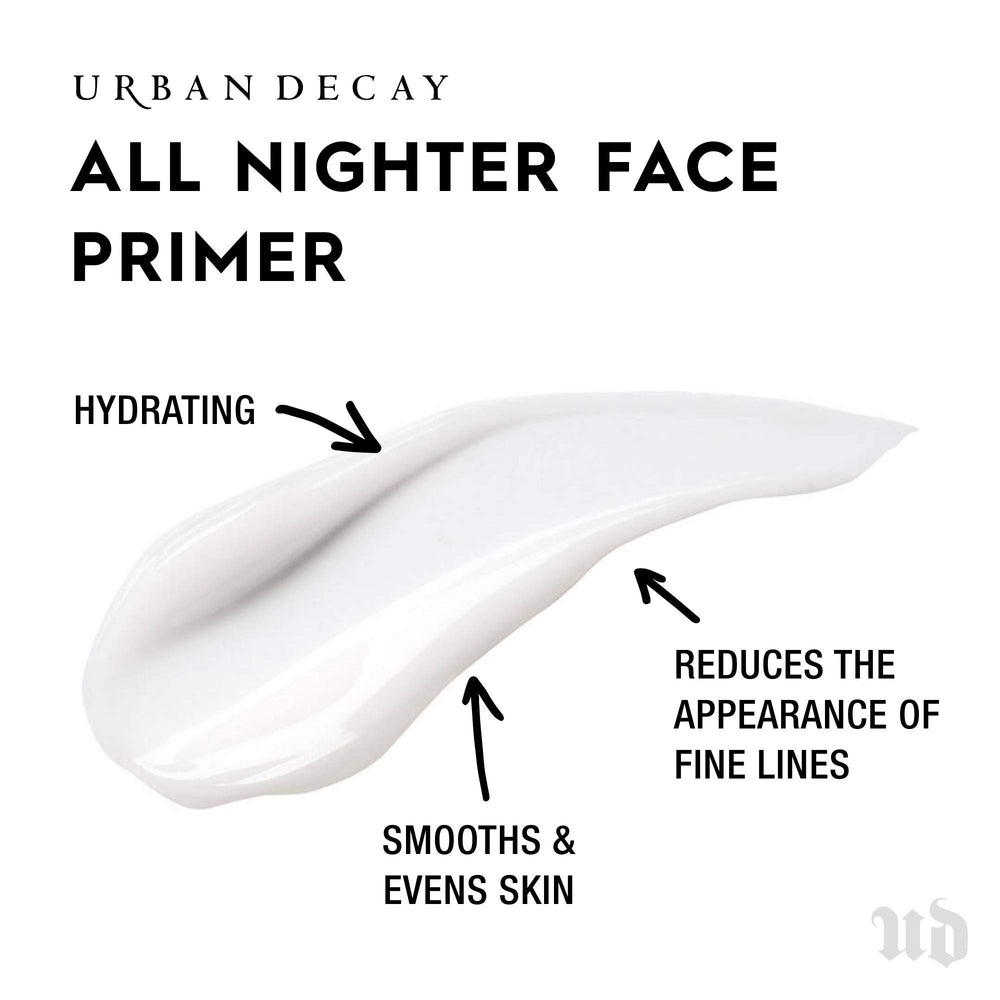 Urban Decay All Nighter primer sheer-silky texture swatch shows smooth, hydrated skin.