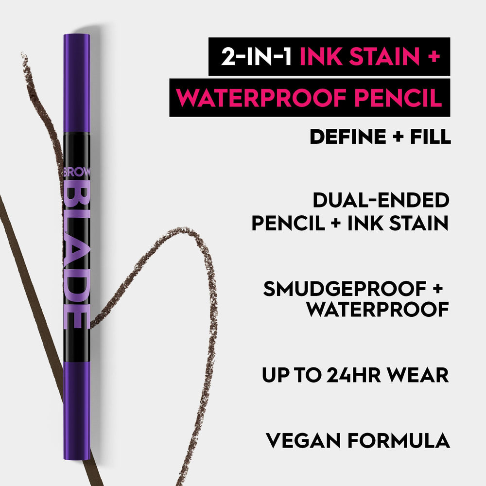Urban Decay Brow Blade natural-stroke close-up on dark drapes shade.
