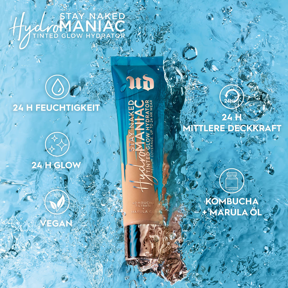 Urban Decay Hydromaniac glow finish closeup displaying kombucha filtrate and marula oil hydration.