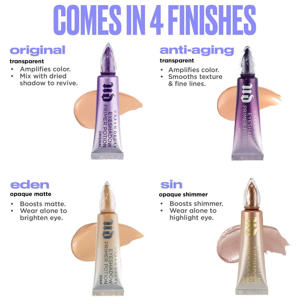 Urban Decay Matte Eyeshadow Primer Potion Eden showing a creaseless eye makeup look.