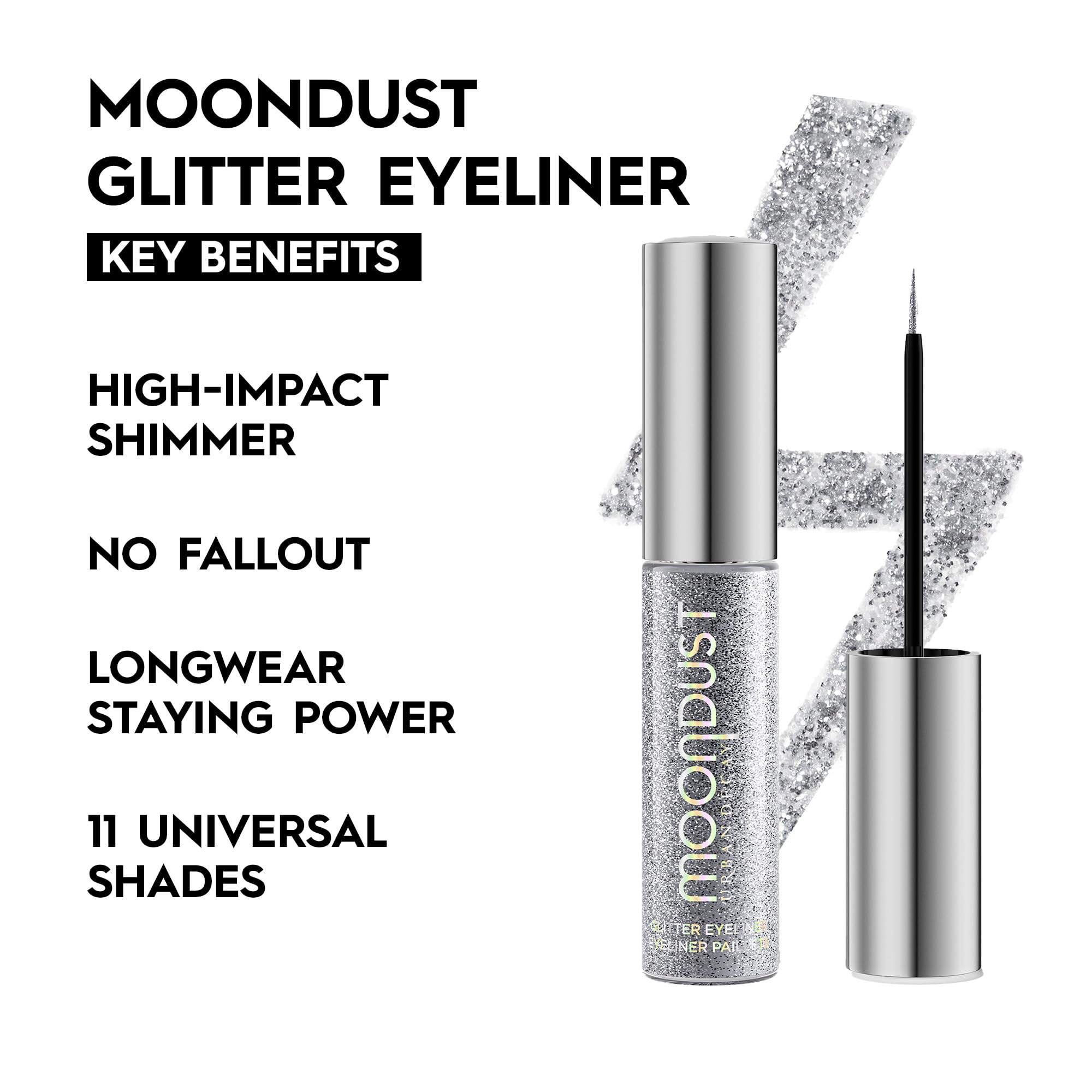 Urban Decay Moondust Glamrock silver glitter brush-detail shows precise line control