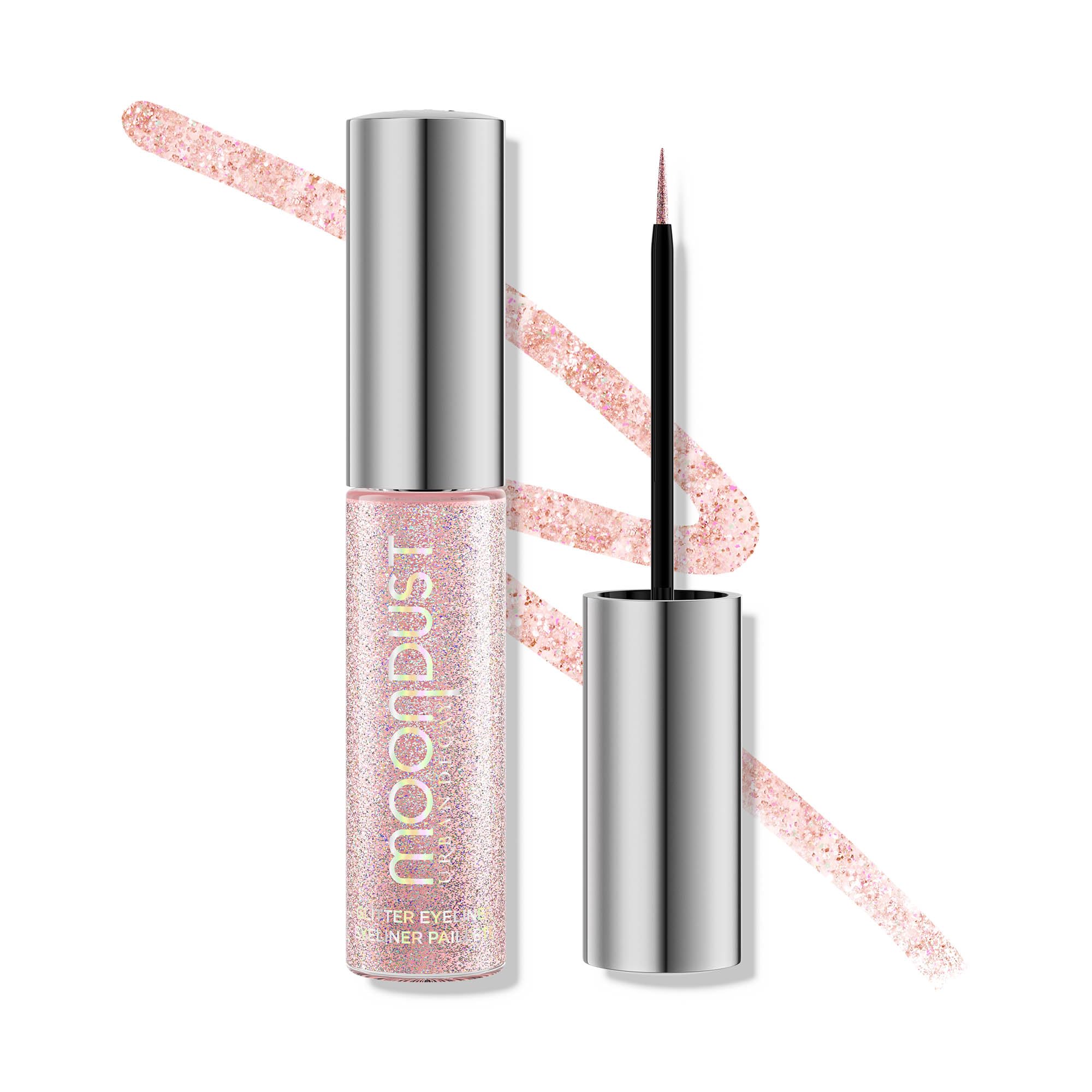 Urban Decay Moondust Liquid Eyeliner Grind application close-up showing precise pink glitter liner.