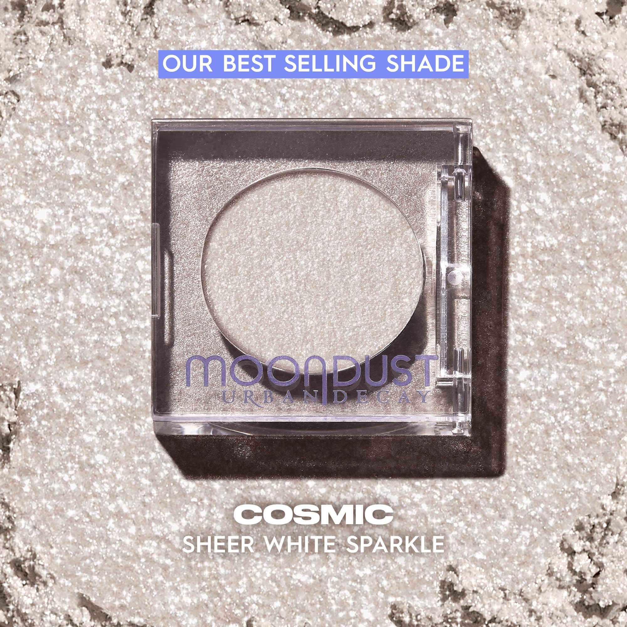 Urban Decay Moondust wet-look foil application on lid for dramatic shine.