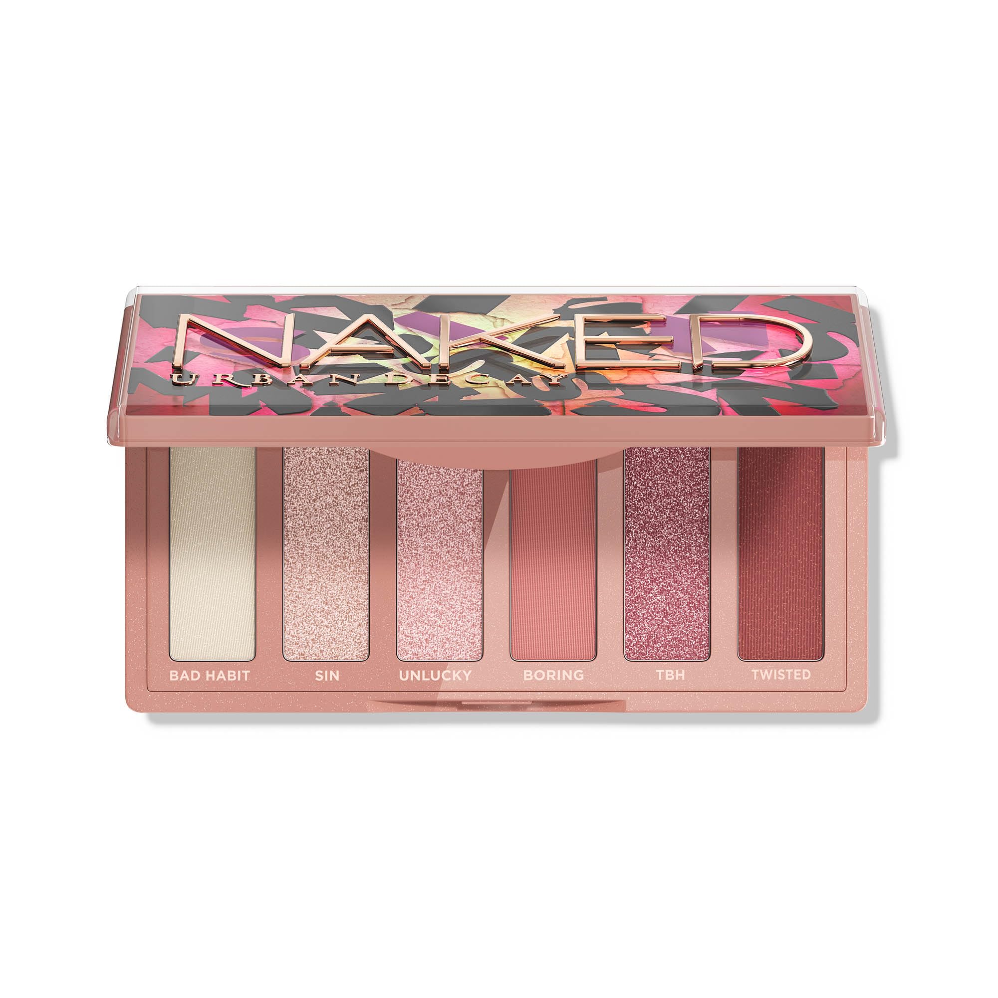 Urban Decay Naked Mini Sin palette open with olive neutrals for versatile day-to-night looks.