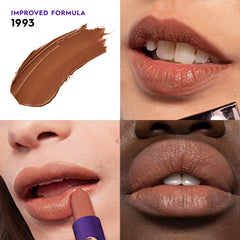 Urban Decay Vice Hydrating Lipstick 1993 taupe swatch shows creamy matte payoff.