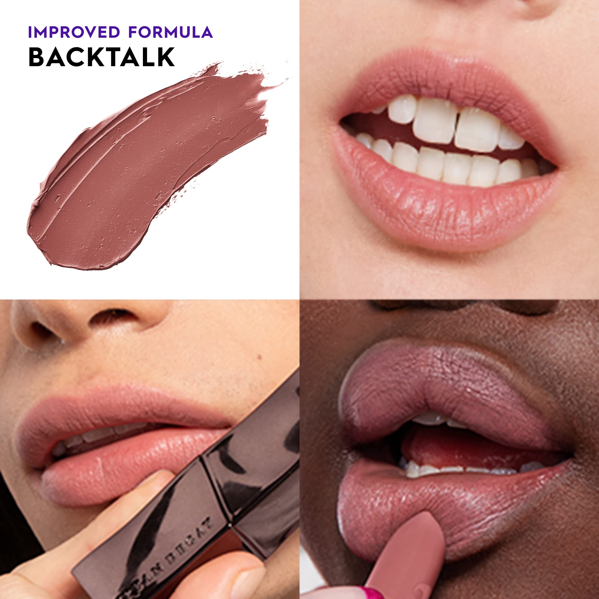 Urban Decay Vice Hydrating Lipstick Backtalk matte finish close-up highlighting pigment-rich formula for long wear.