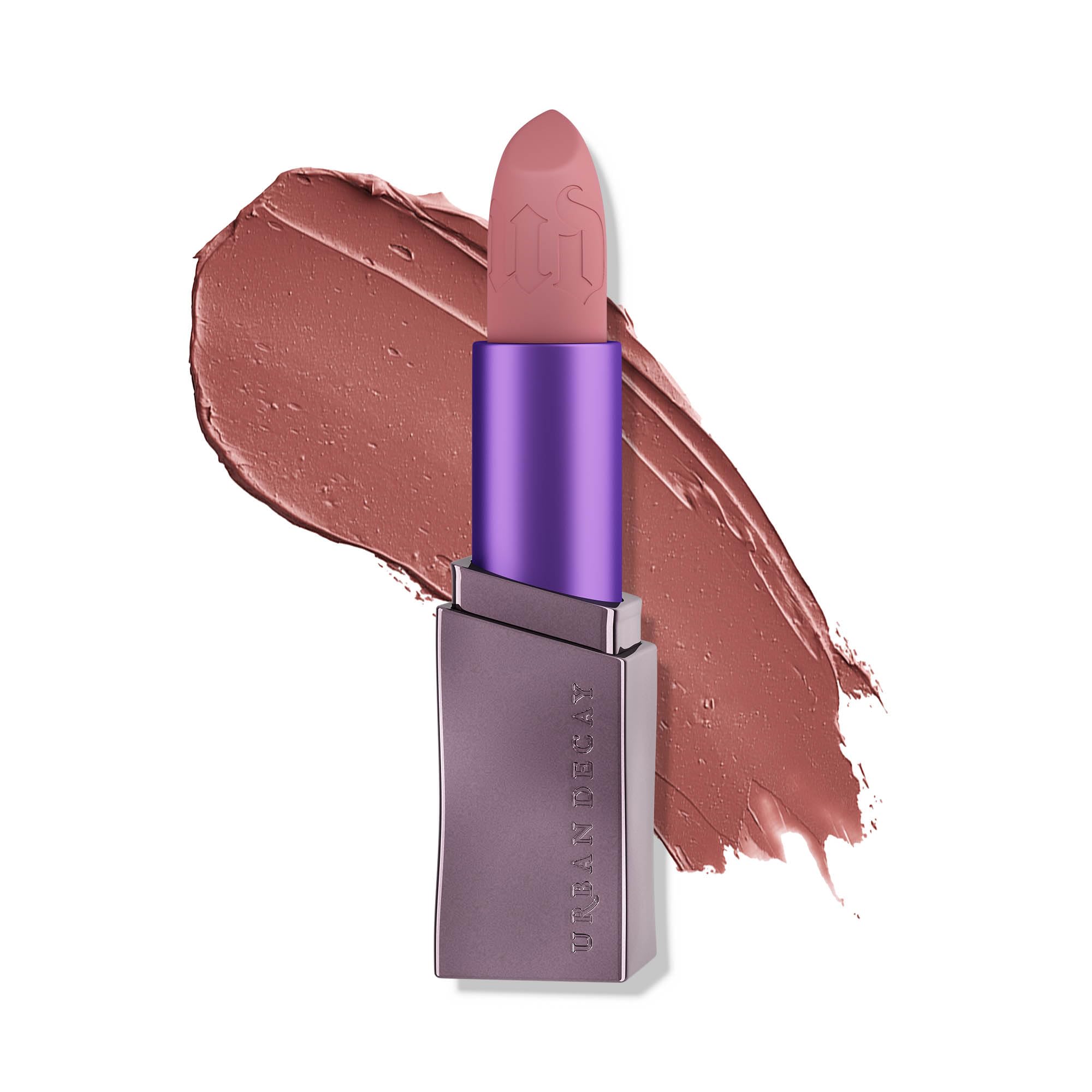Urban Decay Vice Hydrating Lipstick Backtalk swatch shows mauve nude pink for versatile daily wear.