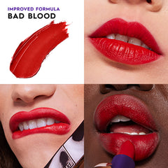 Urban Decay Vice Hydrating Lipstick Bad Blood swatch demonstrates pigment and payoff.