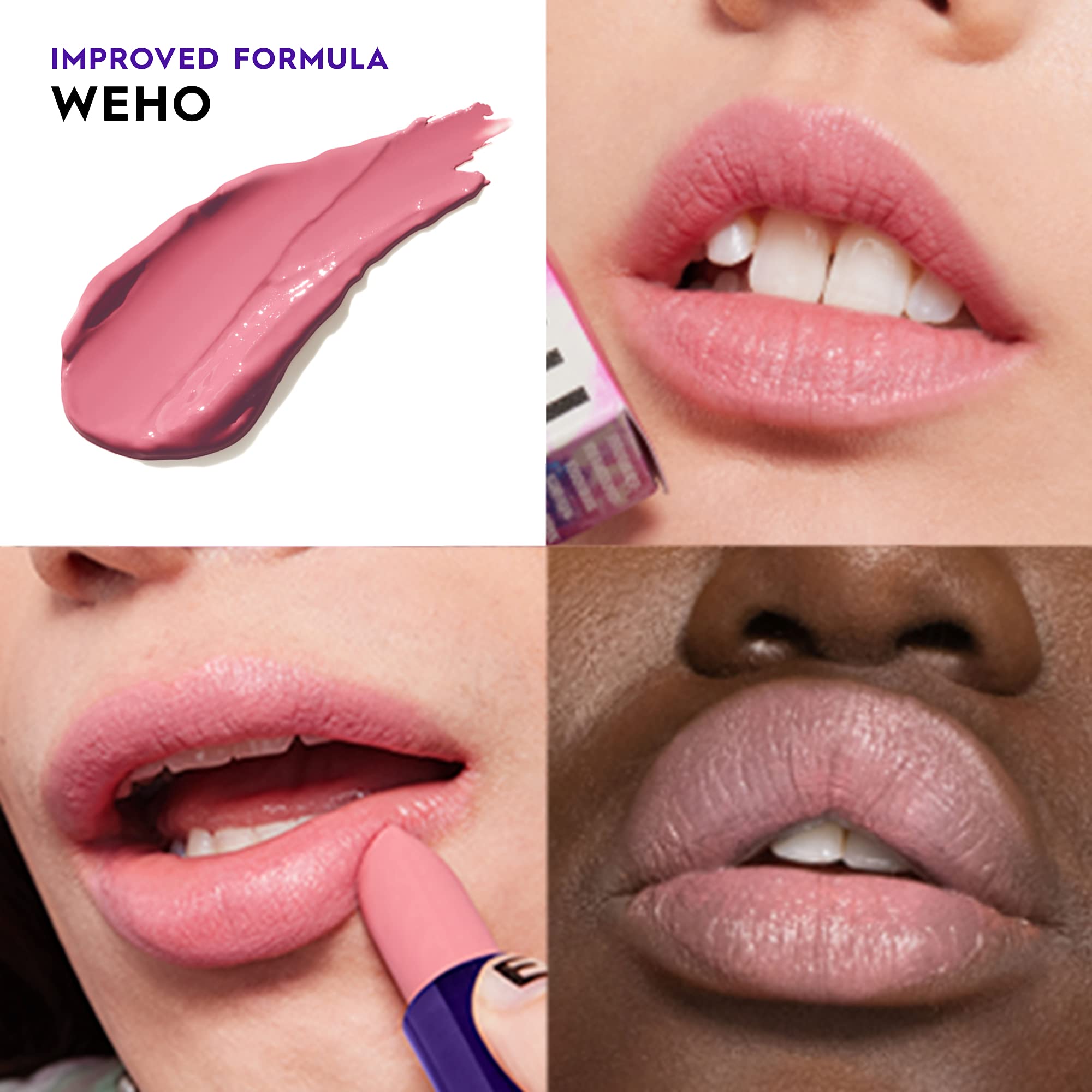 Urban Decay Vice Hydrating Lipstick Weho swatches on skin show bold color payoff.