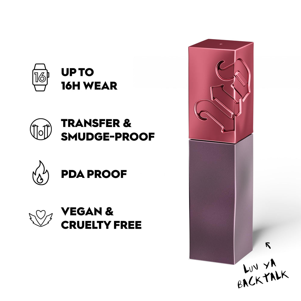 Urban Decay Vice Lip Bond backtalk shade swatch highlights versatile everyday look.