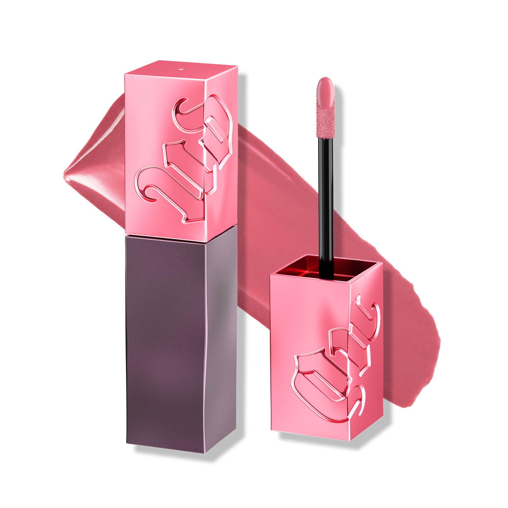 Urban Decay Vice Lip Bond Cuffed Up application shows glossy long-wear pink lip.