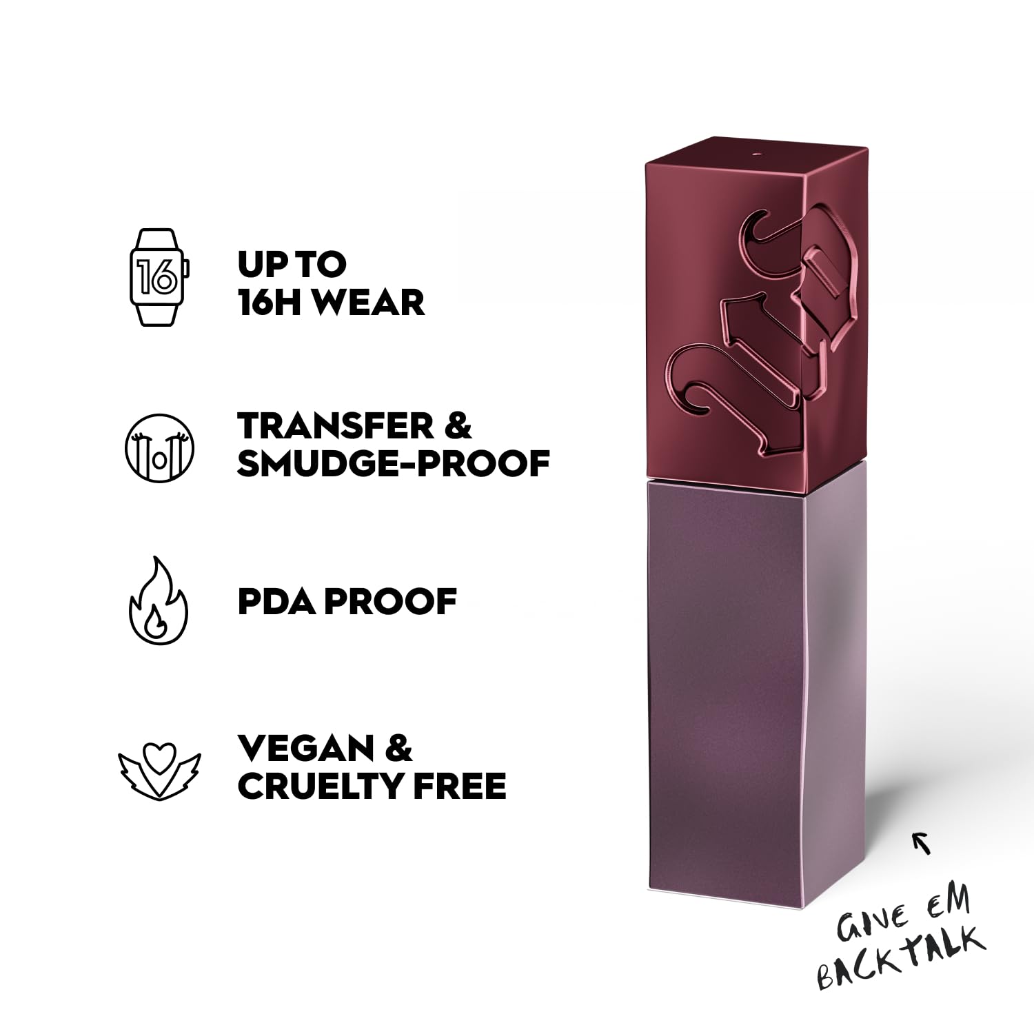 Urban Decay Lip Bond swatch demonstrates transfer-proof shine and full-coverage color.