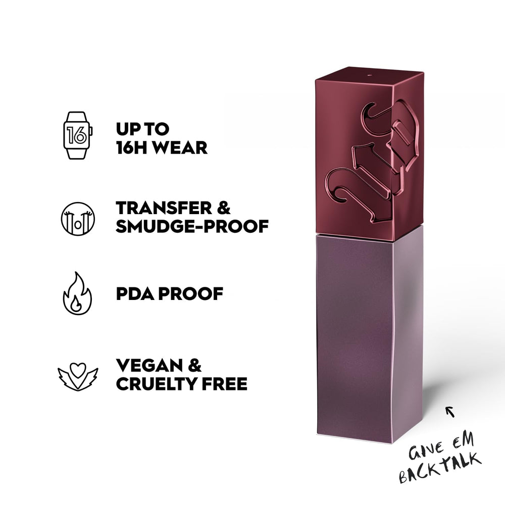 Urban Decay Lip Bond swatch demonstrates transfer-proof shine and full-coverage color.
