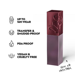 Urban Decay Lip Bond swatch demonstrates transfer-proof shine and full-coverage color.