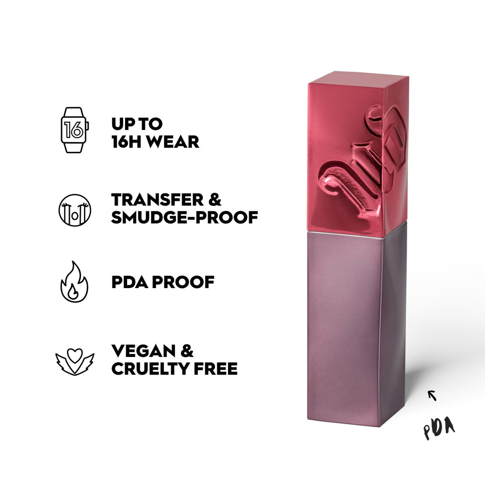 Urban Decay Vice Lip Bond PDA brick red closeup highlights transfer-proof pigment.