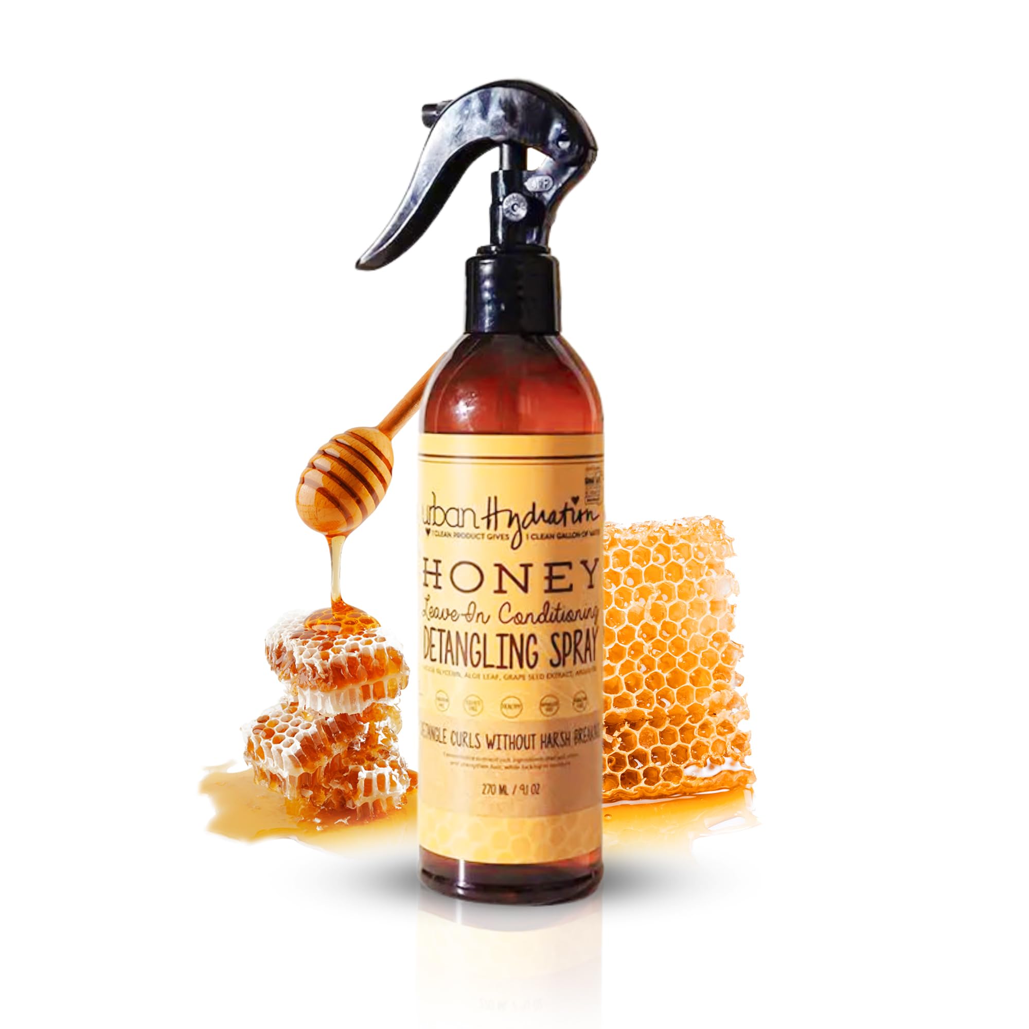 Urban Hydration Honey Health and Repair Detangler bottle pour shows easy application