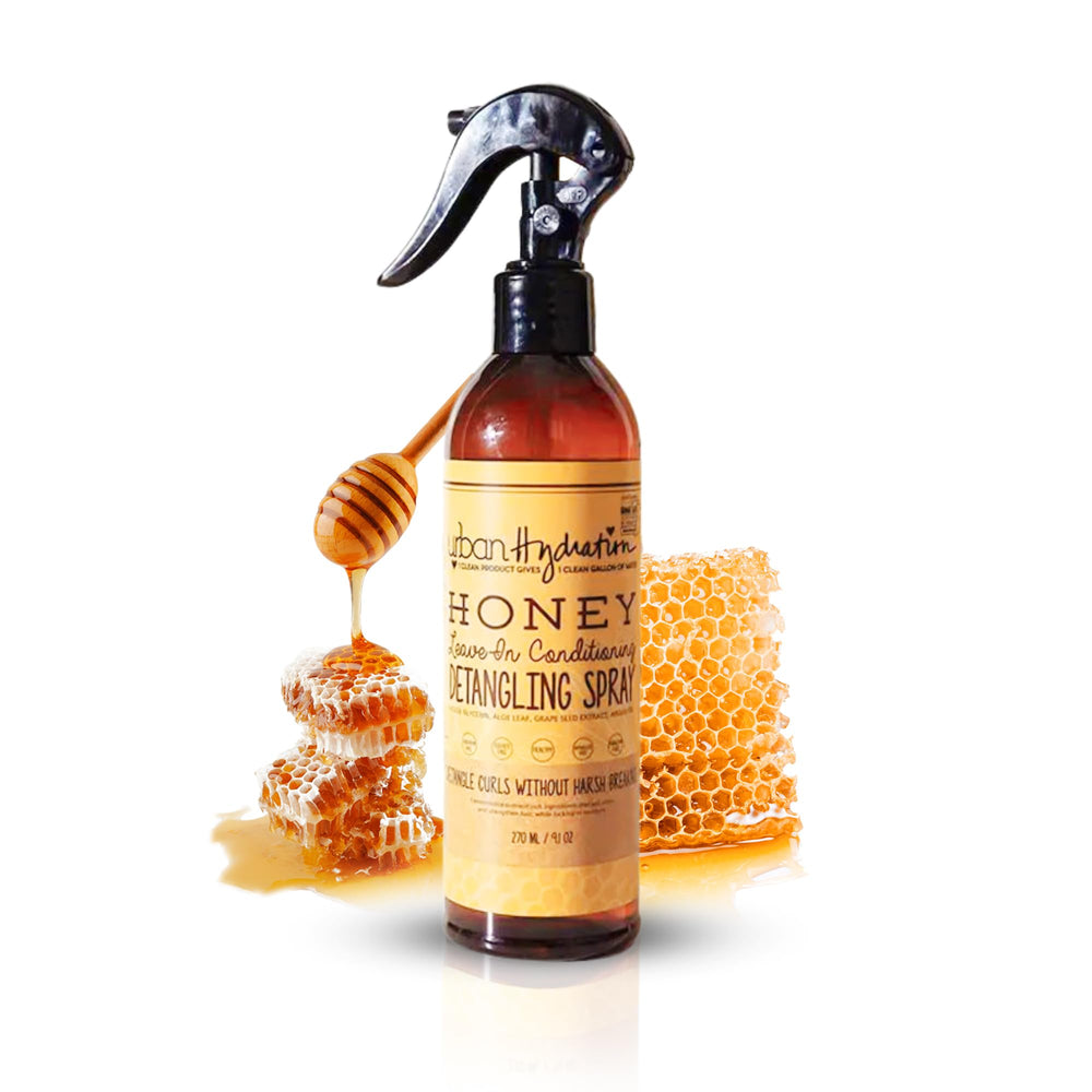 Urban Hydration Honey Health and Repair Detangler bottle pour shows easy application