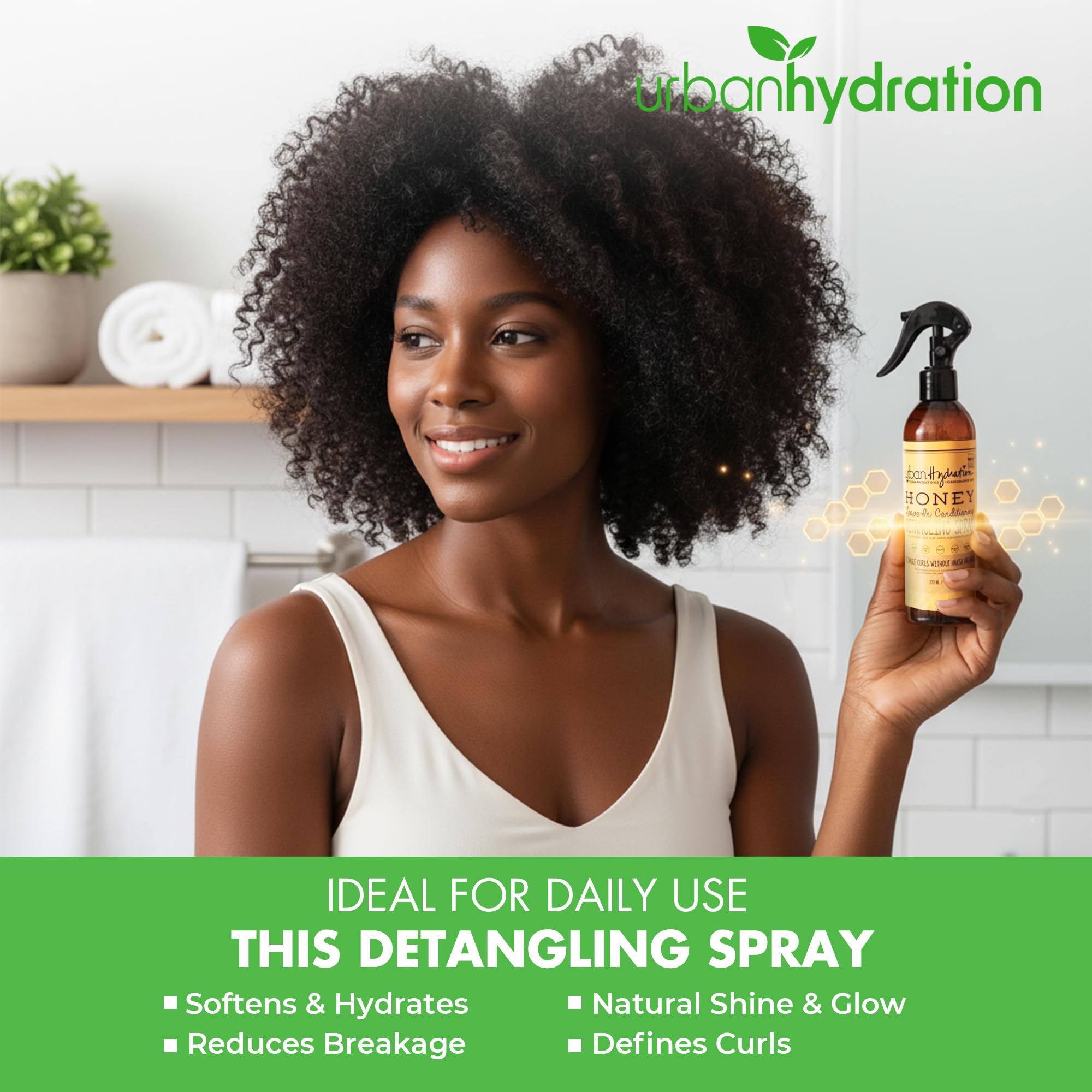 Urban Hydration Honey Health and Repair Detangler dispensing action shows even distribution