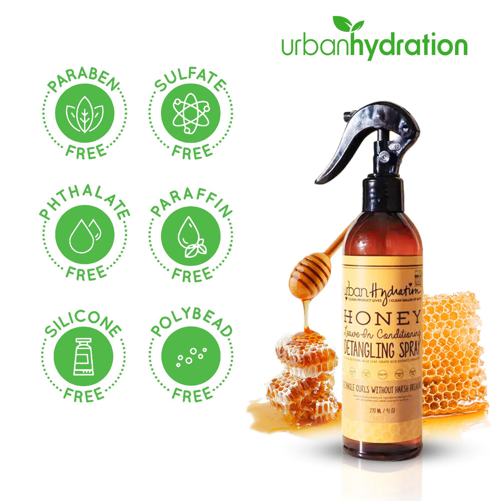 Urban Hydration Honey Health and Repair Detangler label closeup highlights clean formula