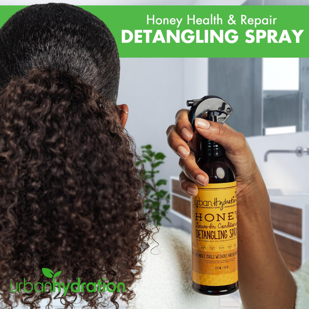 Urban Hydration Honey Health and Repair Detangler on hair ends smooths ends and reduces breakage
