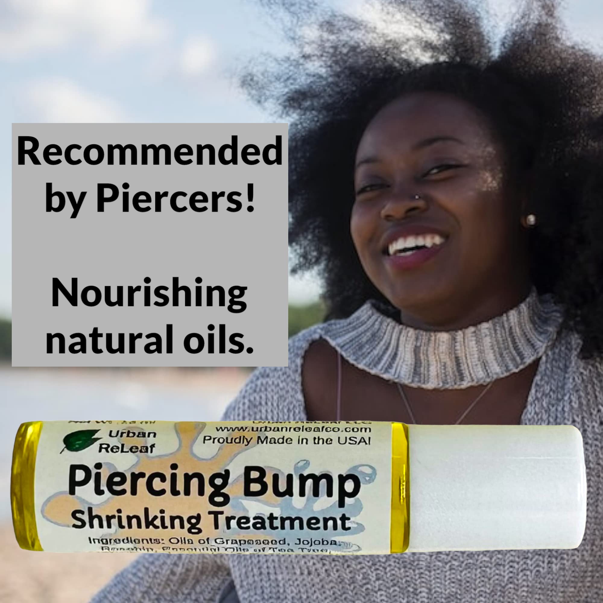 Urban ReLeaf nose-ear-spots care photo implies targeted application for facial piercings.