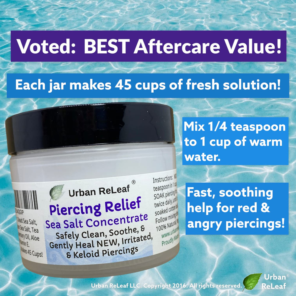 Urban ReLeaf Piercing Relief bottle showcases Dead Sea salt for soothing care.