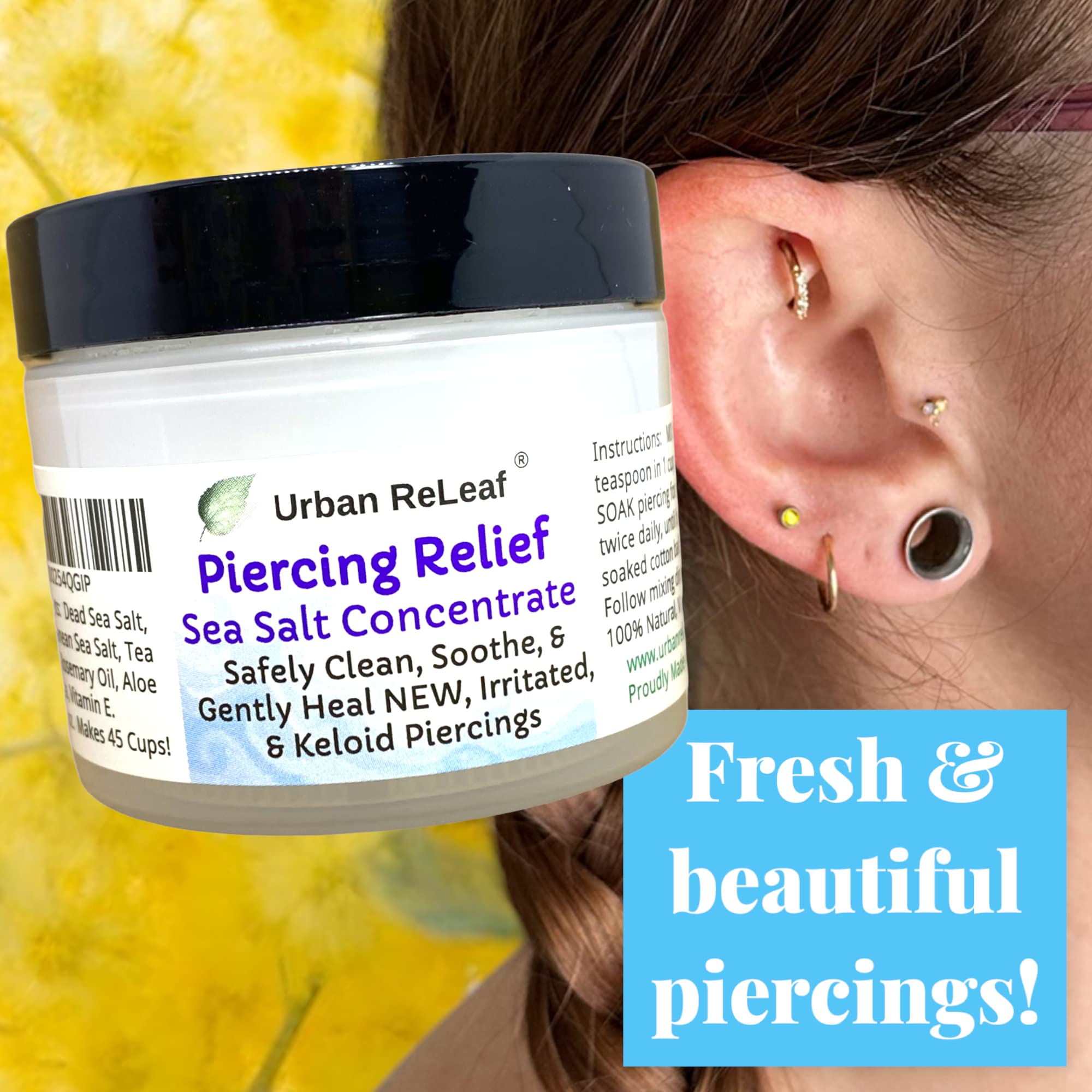 Urban ReLeaf Piercing Relief Dead Sea salt crystals emphasize mineral-rich cleansing.