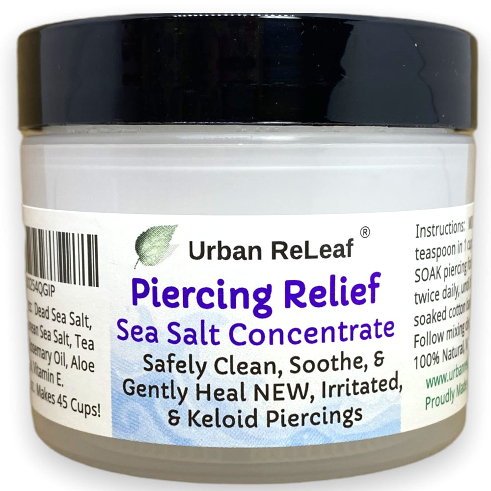 Urban ReLeaf Piercing Relief packaging highlights natural sea salt for gentle aftercare.