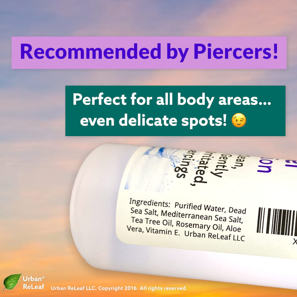 Urban ReLeaf Piercing Relief soak steps for twice-daily cleansing.